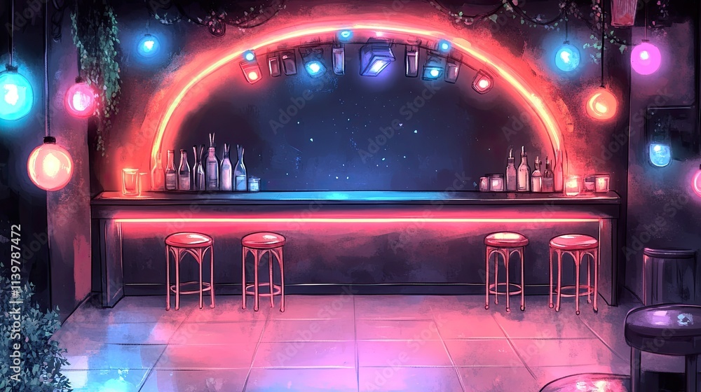 Poster a neon-lit bar with a starry sky backdrop and three empty bar stools.