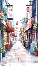 Fototapeta premium A narrow, cobblestone street lined with shops and decorated with red lanterns.