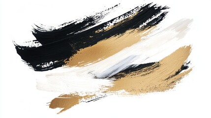 Abstract brush paint background. Random brush strokes of gold, black, white and beige colors. Geometric modern backdrop