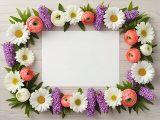 A white frame with a purple and white flower arrangement