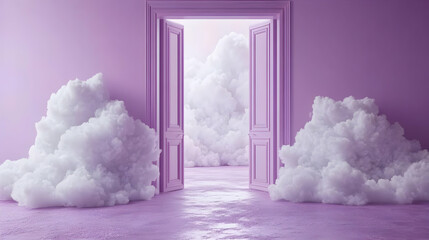Lavender Dream: 3D Surreal Cloudscape Doorway Illustration