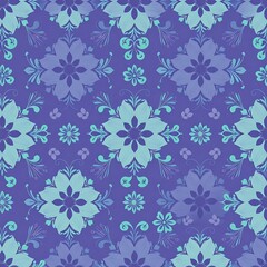 Fototapeta premium Serene Floral Damask Pattern: Elegant teal and purple floral damask seamless pattern. Perfect for textile design, wallpaper, or packaging. 