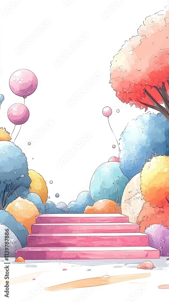 Poster a path of pink steps leads up to a field of whimsical colorful trees and balloons.