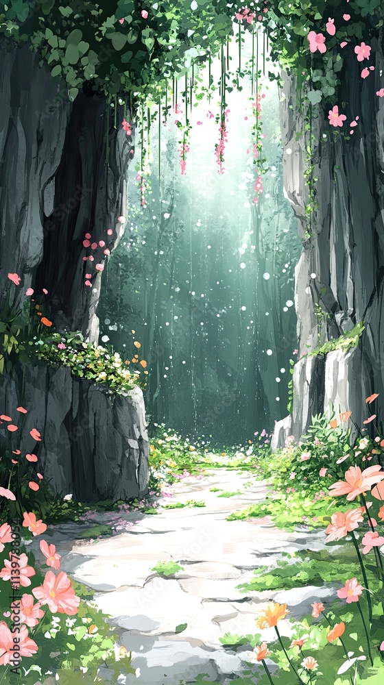 Poster a path through a lush, green forest, illuminated by sunlight streaming through the trees and a canop