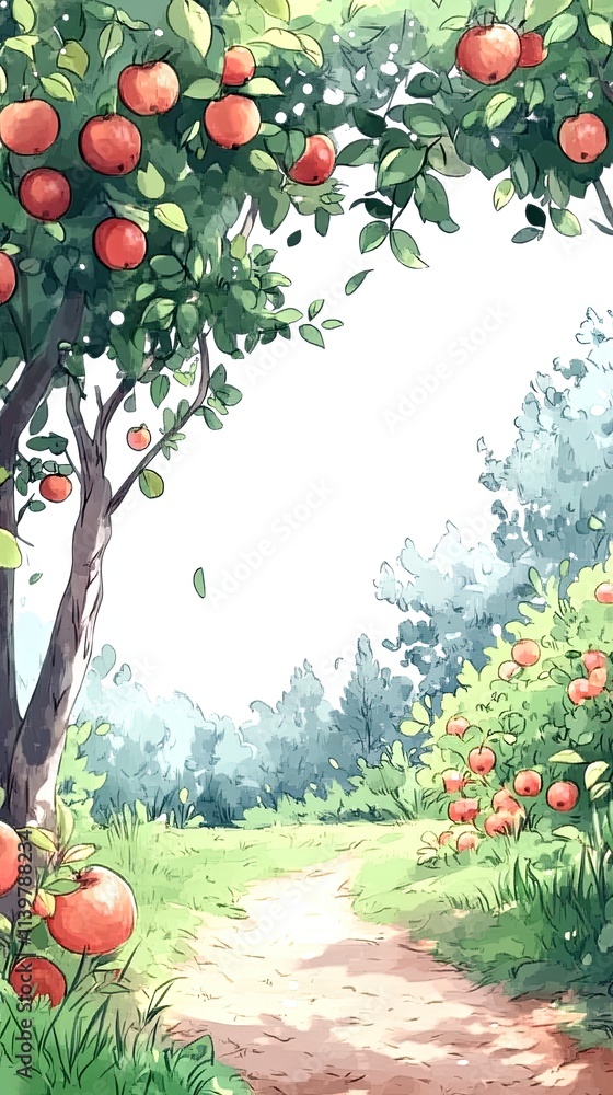 Poster a path through an apple orchard with red apples on the trees and green foliage, leading into a fores