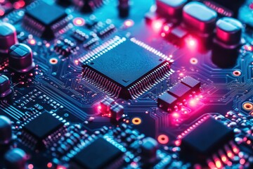 Close-up of a circuit board with glowing components. Illustrates technology, innovation, and computing power.
