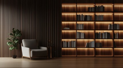 Modern minimalist reading nook with stylish bookshelf
