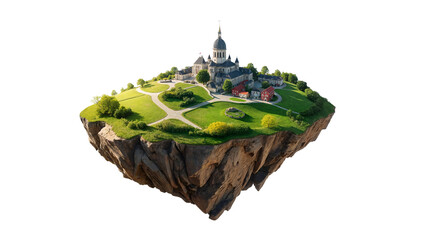 Floating Island with German City, Lush Green Fields, Isolated on cutout, transparent png