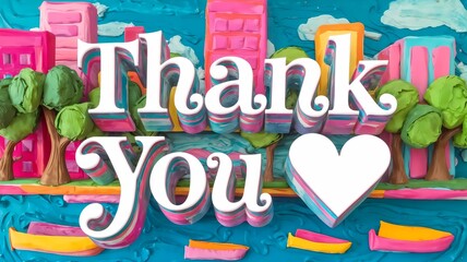 Curly "THANK YOU" Text with City Scene, Vibrant Cityscape Watercolor Painting, Colorful "THANK YOU" in Front of Urban Landscape