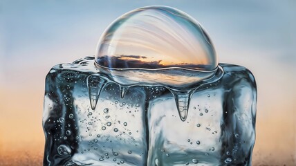 Melting Ice Cube with Ethereal Soap Bubble. Transparent Ice and Sunrise Soap Bubble Illustration. Surreal Depiction of Ice and Bubble at Dawn