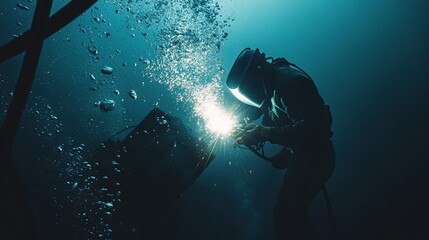 Underwater welder at work, submerged in deep blue water, welding metal structure.