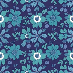 Fototapeta premium Seafoam Floral Pattern: A delicate and graceful floral pattern with a touch of vintage charm. This seamless design features soft seafoam blue flowers and leaves on a rich indigo background.