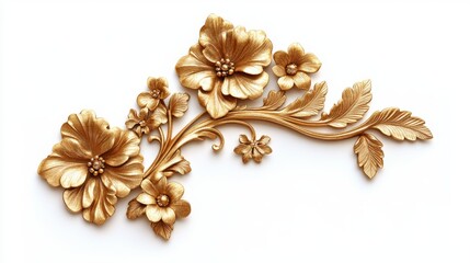 Golden floral ornament on a white background, a corner decoration for design and interior. Isolated decorative elements in the shape of an ornament with flowers for your project. Detailed illustration