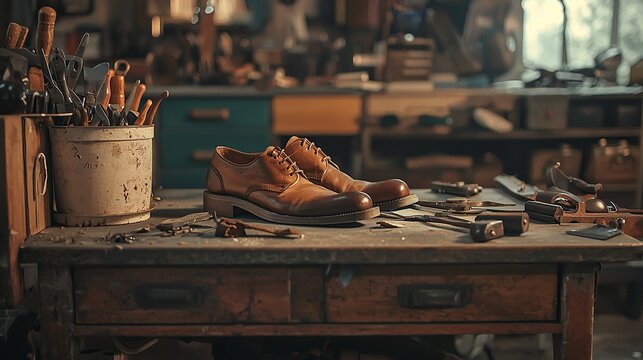Classic cobbler workspace with leather tools and shoes in progre