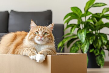 Cozy Cat Relaxing in Cardboard Box with Indoor Plant in Modern Living Room Setting
