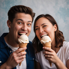 Happy couple holding ice cream cones and smiling at the camera
