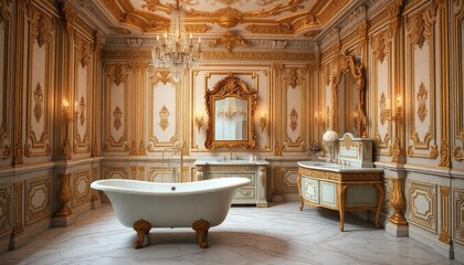Bathroom Interior Design With Rococo Concept - Luxury Hotel Bathroom - Bathroom With Many Ornaments - Hotel Bathroom Interior With Luxurious Chandeliers - Interior Design - Rococo Style