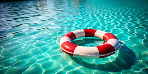 Naklejka premium Red White Life Preserver Floating Calm Blue Pool Water Photography - Summer Safety Relaxing Scene