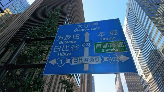 A low-angle view of a Tokyo street sign pointing to Shutoko, Hibiya, Gotanda, Otemon Gate, and Hongo, blending urban navigation with the city's iconic skyline.