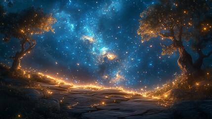 Fototapeta premium mesmerizing landscape depicting a glowing path under a celestial night sky filled with vibrant stars and galaxies. Ancient, illuminated trees frame the scene, casting warm golden light, 