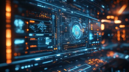 Fototapeta premium Abstract digital interface with transparent floating icons and screens.