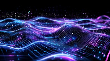 Abstract digital waves in glowing blue and purple colors, representing futuristic technology, data flow, and vibrant virtual landscapes