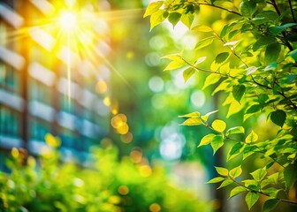 Softly blurred foliage illuminated by bright summer sunlight creates an inviting background, perfect for promotional materials and marketing designs, featuring ample copy space for your message.