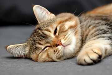 Sleepy Tabby Cat Relaxing on Soft Surface in Natural Light