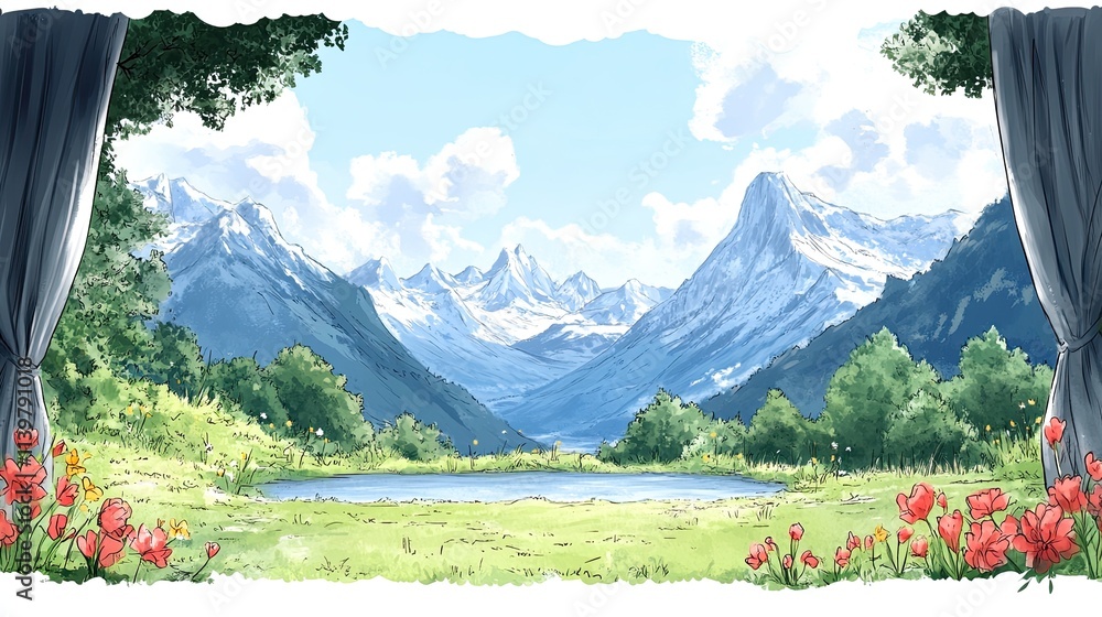 Poster a picturesque view of snow-capped mountains with a small lake in the foreground through a window wit