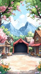 Fototapeta premium A picturesque village square with a stage, surrounded by blooming cherry trees and a backdrop of majestic mountains.