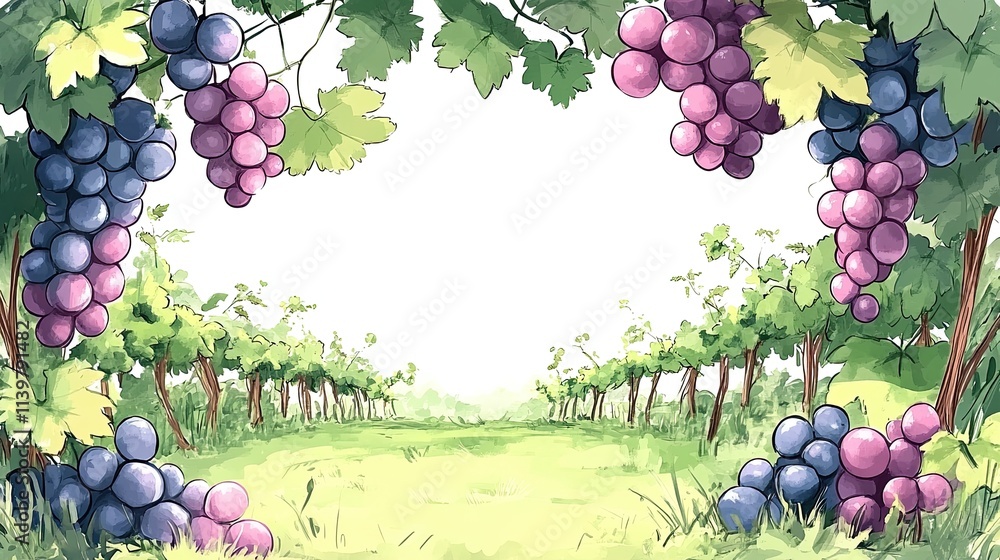 Poster a picturesque vineyard with rows of grapevines and ripe bunches of grapes, creating a frame for a bl