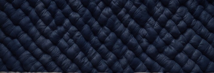 Dark blue quilted blanket with a complex cable knit pattern and fine yarn weaving, woven, knit, quilted