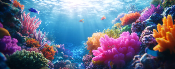 Obraz premium vibrant underwater scene showcasing colorful coral reefs, tropical fish, and sunlight streaming through water, creating serene and lively marine environment