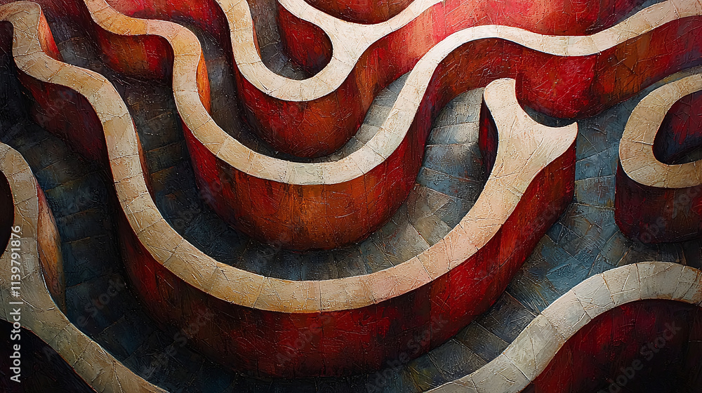Aufkleber an abstract painting with sinuous lines that resemble a maze or paths.