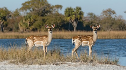 Two spotted deer standing near water.
