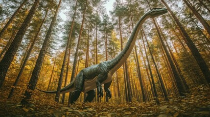 Prehistoric Sauropod Dinosaur in Autumn Forest.