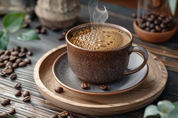 A steaming cup of coffee on a wooden table surrounded by coffee beans and greenery.