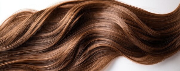 Naklejka premium Beautiful model girl with Brown hair strand,silky healthy chestnut wavy hair strand isolated on white background,hair wavy ribbon, with smooth texture,vibrant shine,brunette hairpiece, hairy ribbon.