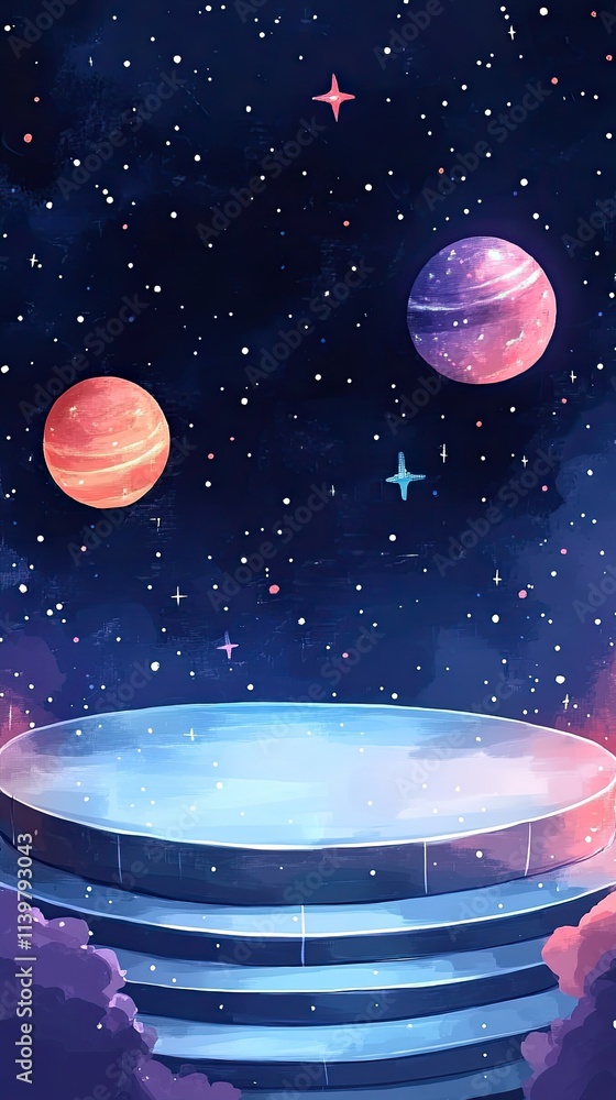 Poster a platform with a cosmic backdrop, featuring two planets and a starry sky, floating above clouds.