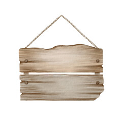 Rustic blank wooden sign board with an old wood grain hanging from a string of twine with old nails.Hand-drawn watercolor clipart on a transparent background.Template for inscriptions,announcements