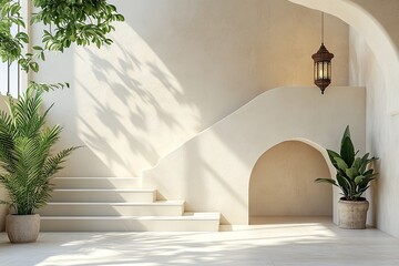 This image showcases a serene and minimalist bedroom interior design. The room features a raised platform bed with neutral-colored bedding and a large arched window that brings in natural light. The w