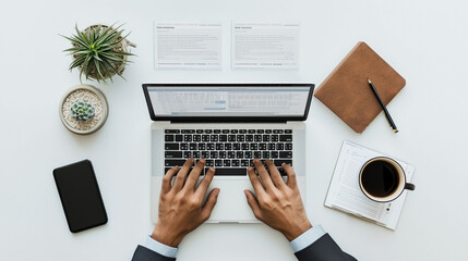 Productive Workspace: Top-Down View of a Person Working on Laptop 