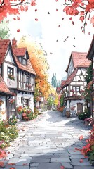 Obraz premium A quaint, cobblestone street lined with charming, white-walled houses in a picturesque European village. Autumn leaves fall from trees in the background.