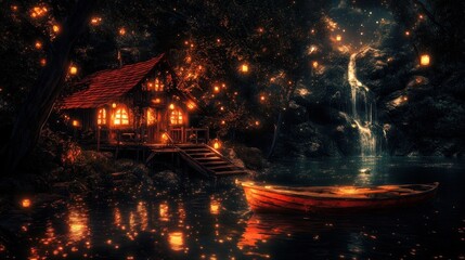 Obraz premium Enchanting forest cabin by lake with lights and boat.