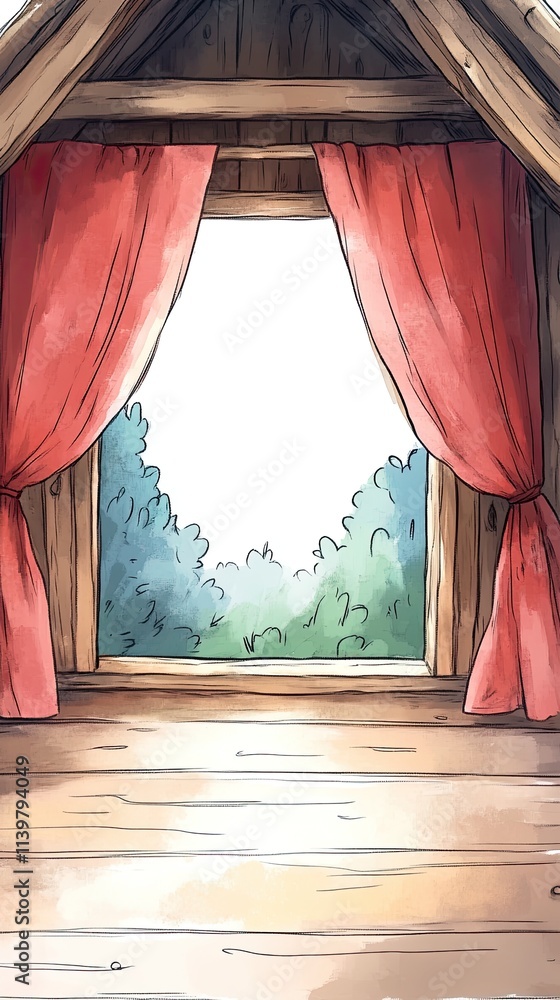 Poster a red curtain hangs on a wooden window frame in an attic space. the curtains are drawn back to revea