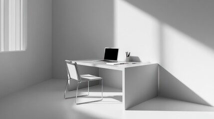 Minimalist modern workspace with laptop, desk, and chair in a bright, sunlit room.