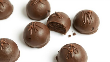 Obraz premium Six decadent dark chocolate truffles, isolated on white background, dessert, chocolate dessert
