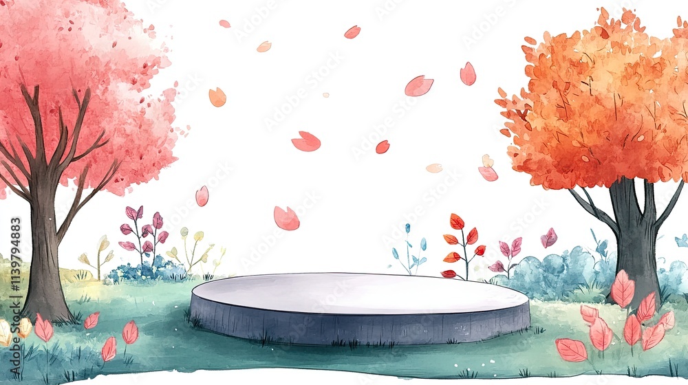 Poster a round platform in the middle of a forest with pink and orange trees in the background and falling 