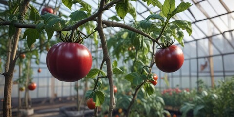 Obraz premium Greenhouse tree with large, ripe purple tomato on a branch, nature, fruit