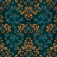 Damask Teal and Gold Pattern: Luxurious seamless damask pattern in teal and gold. Elegant, ornate design perfect for wallpaper, fabric, or luxury branding.  